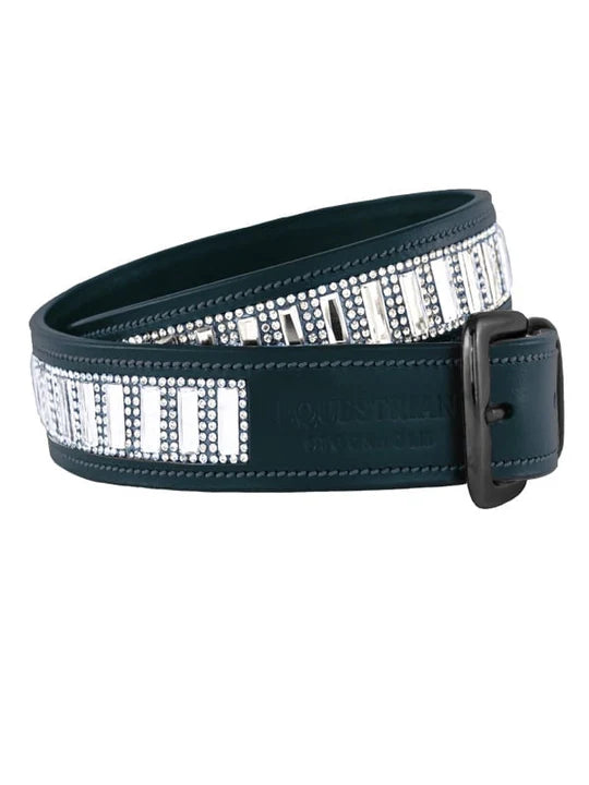 Full view of a rolled up Dramatic Monday Blue Equestrian Stockholm Contest Belt on a white background