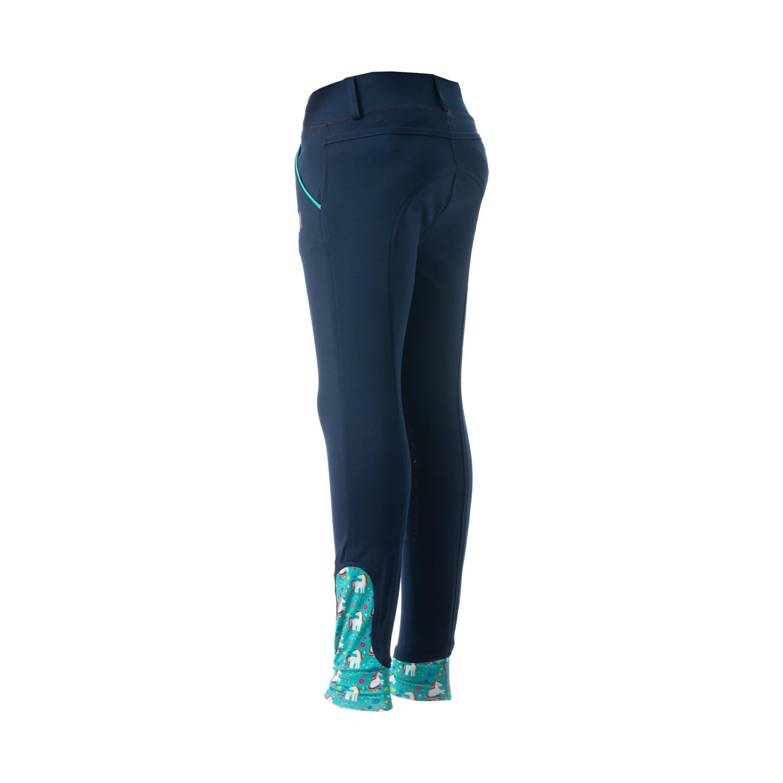 Angled back view of the navy Equinavia Lena Kids Knee Patch Pull On Breeches on a white background