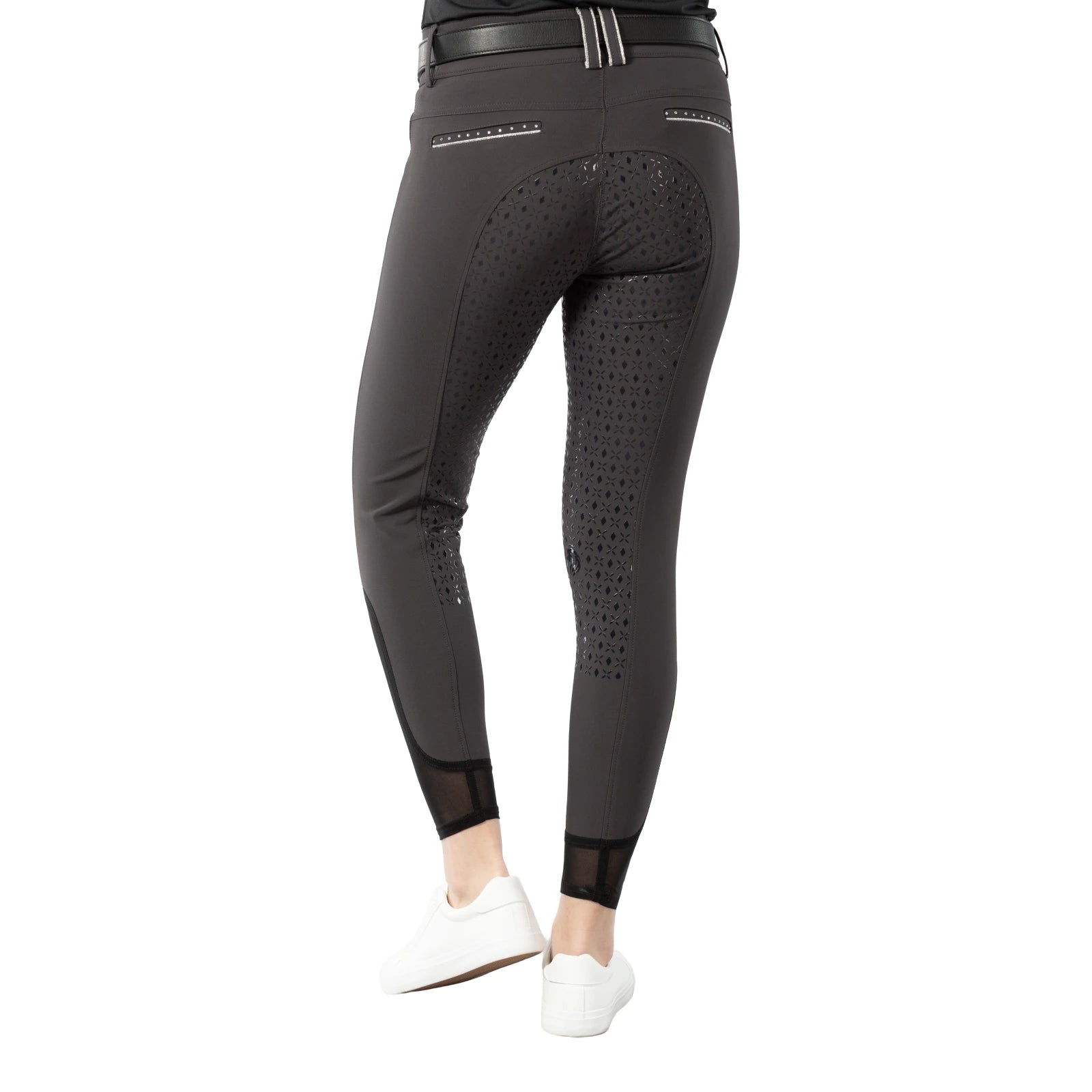 Back view of model wearing the dark gray Equinavia Victoria Full Seat Breeches on a white background