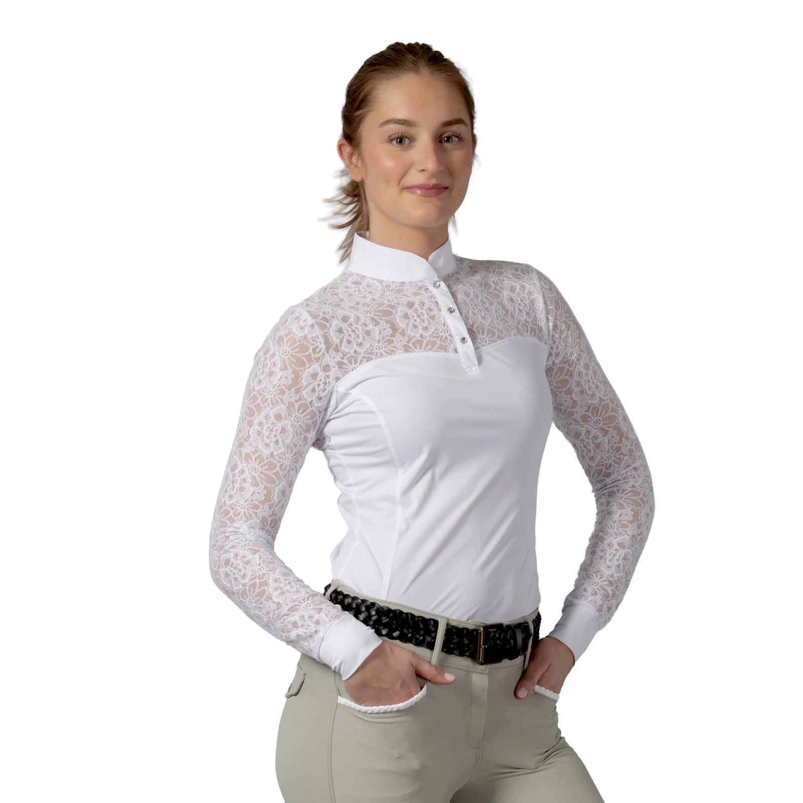 Angled front view of a female model wearing the white Equinavia Lisa Lace Long Sleeve Show Shirt on a white background