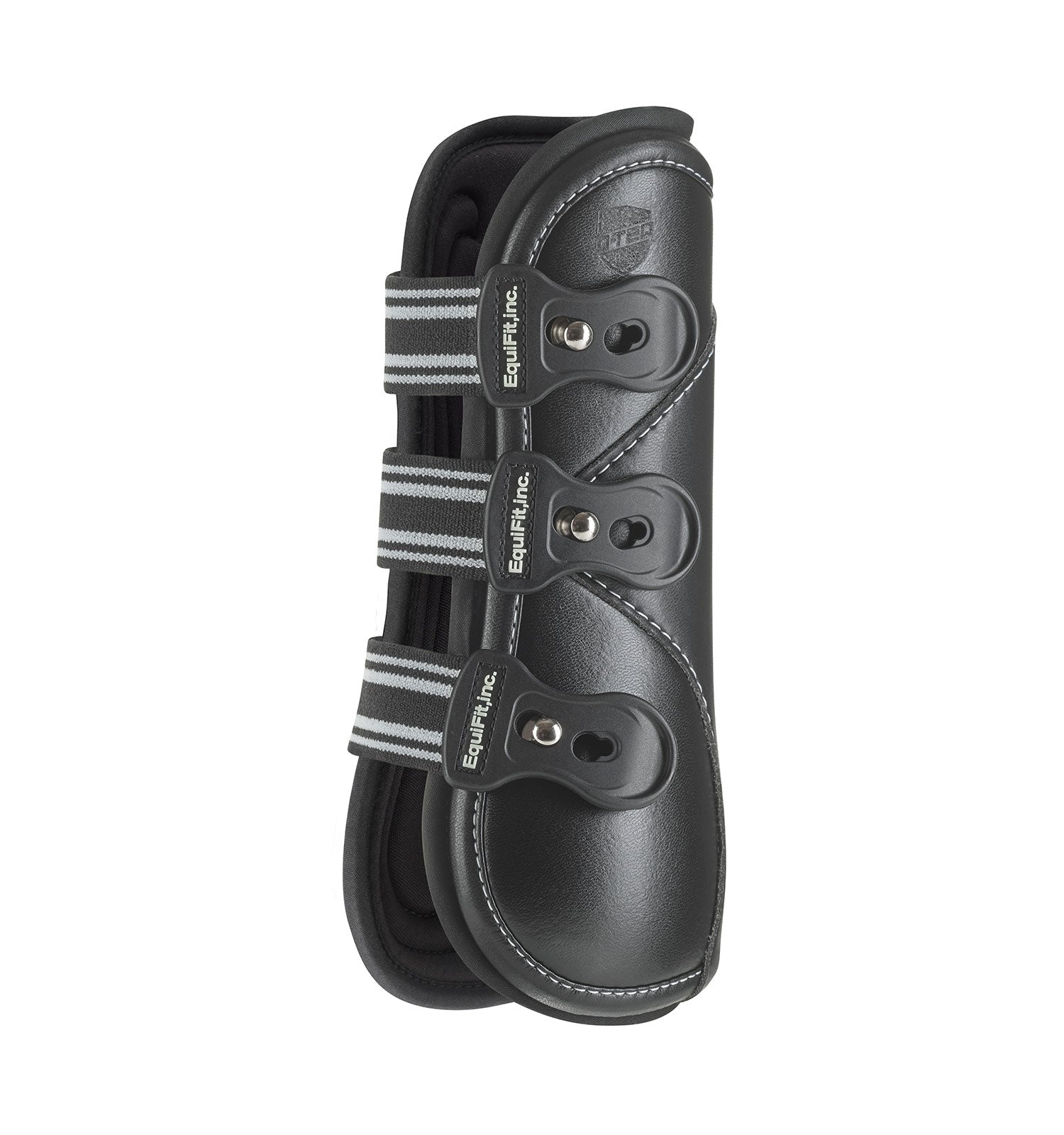 Side view of the black EquiFit D-Teq Front Boots on a white background