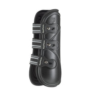 Side view of the black EquiFit D-Teq Front Boots on a white background