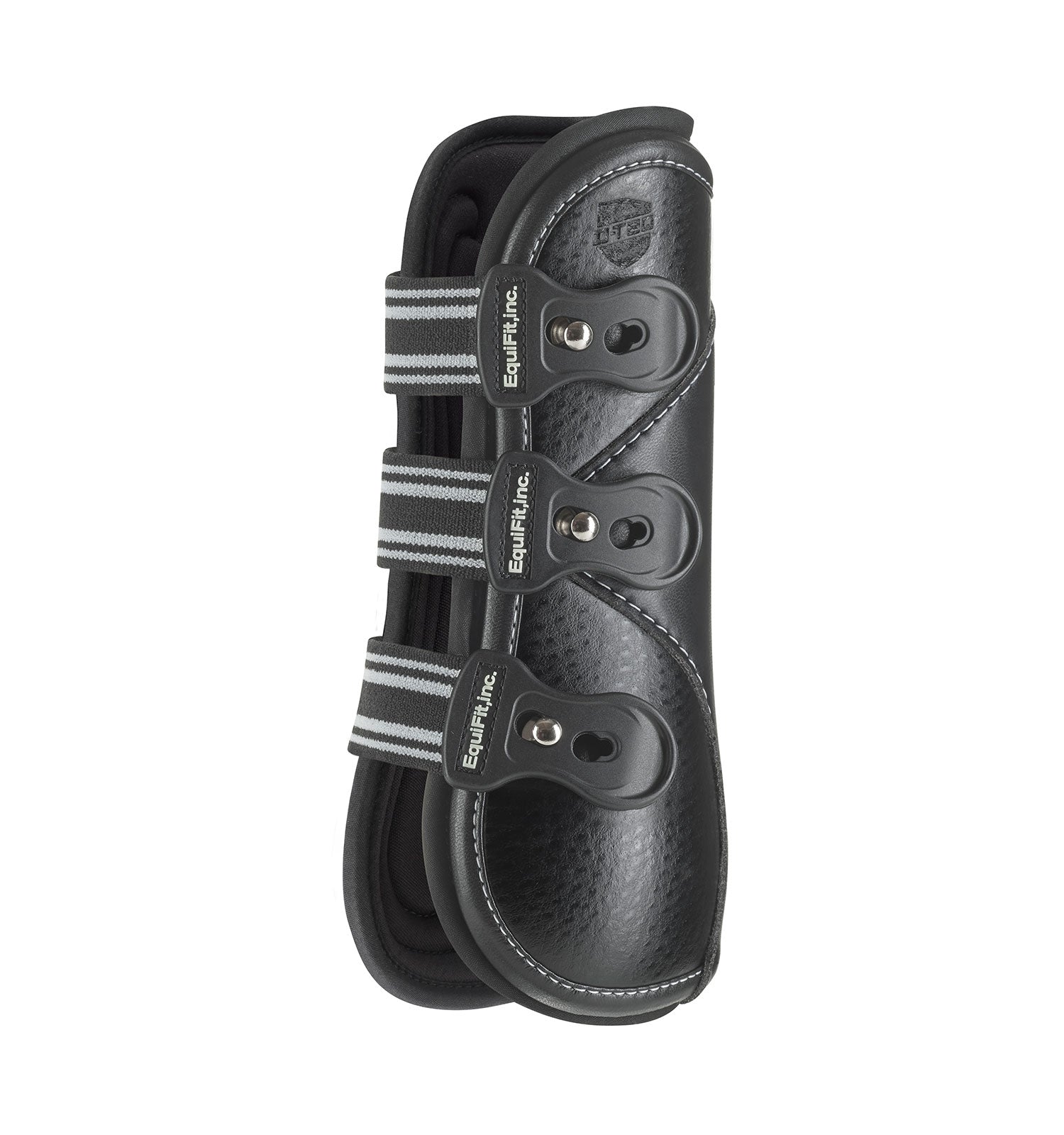 Side view of the black ostrich EquiFit D-Teq Front Boots on a white background