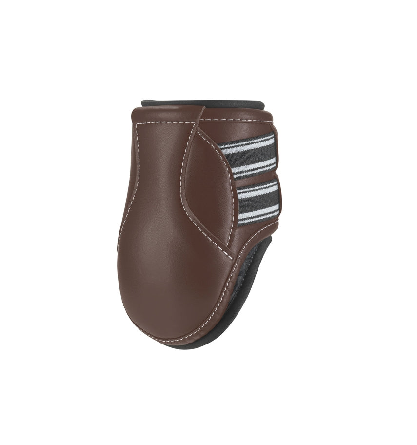 View of a brown EquiFit D-Teq Hind Boot on a white background