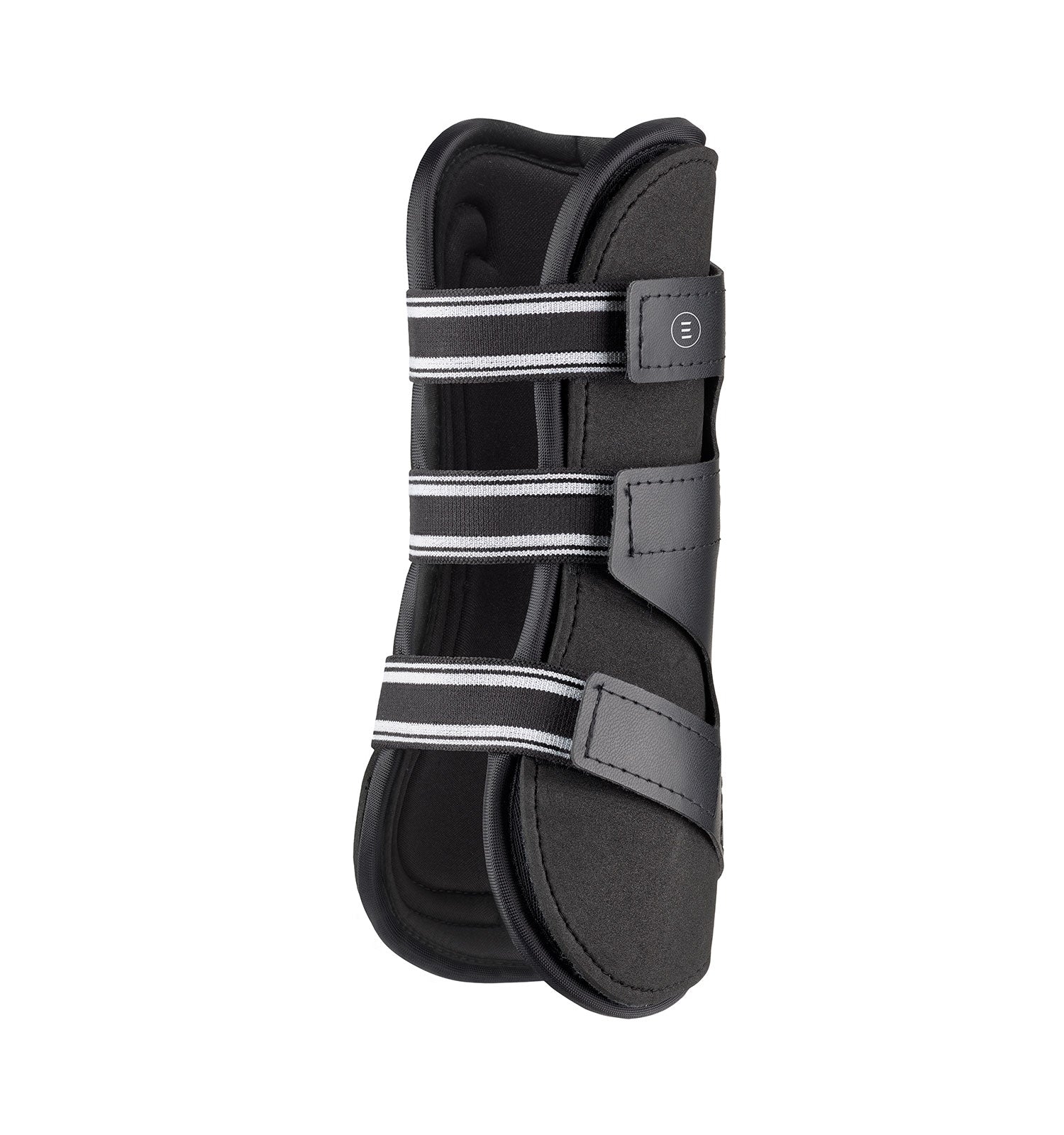 Angled front view of the black EquiFit Essential The Original Open Front Boot on a white background
