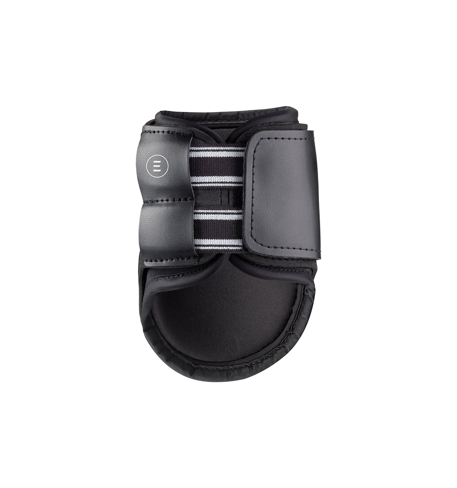Outside view of the black EquiFit Essential The Original Hind Boot on a plain background