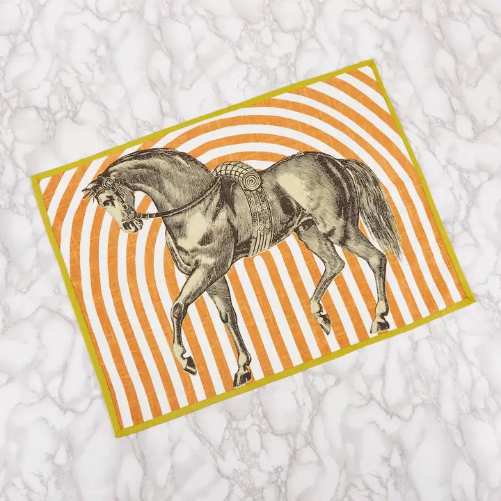 Full view of the ThomasPaul Equus Tea Towel on a marble background