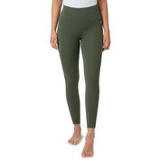Front view of a female model wearing the Beetle Khaki Green Horze Gillian Silicone Full Seat Tights on a white background