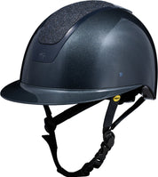 Angled front view of the Navy/Navy Shimmer Equinavia Crown Glossy MIPS Riding Helmet on a white background