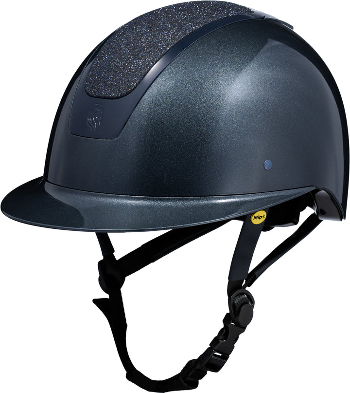 Angled front view of the Navy/Navy Shimmer Equinavia Crown Glossy MIPS Riding Helmet on a white background