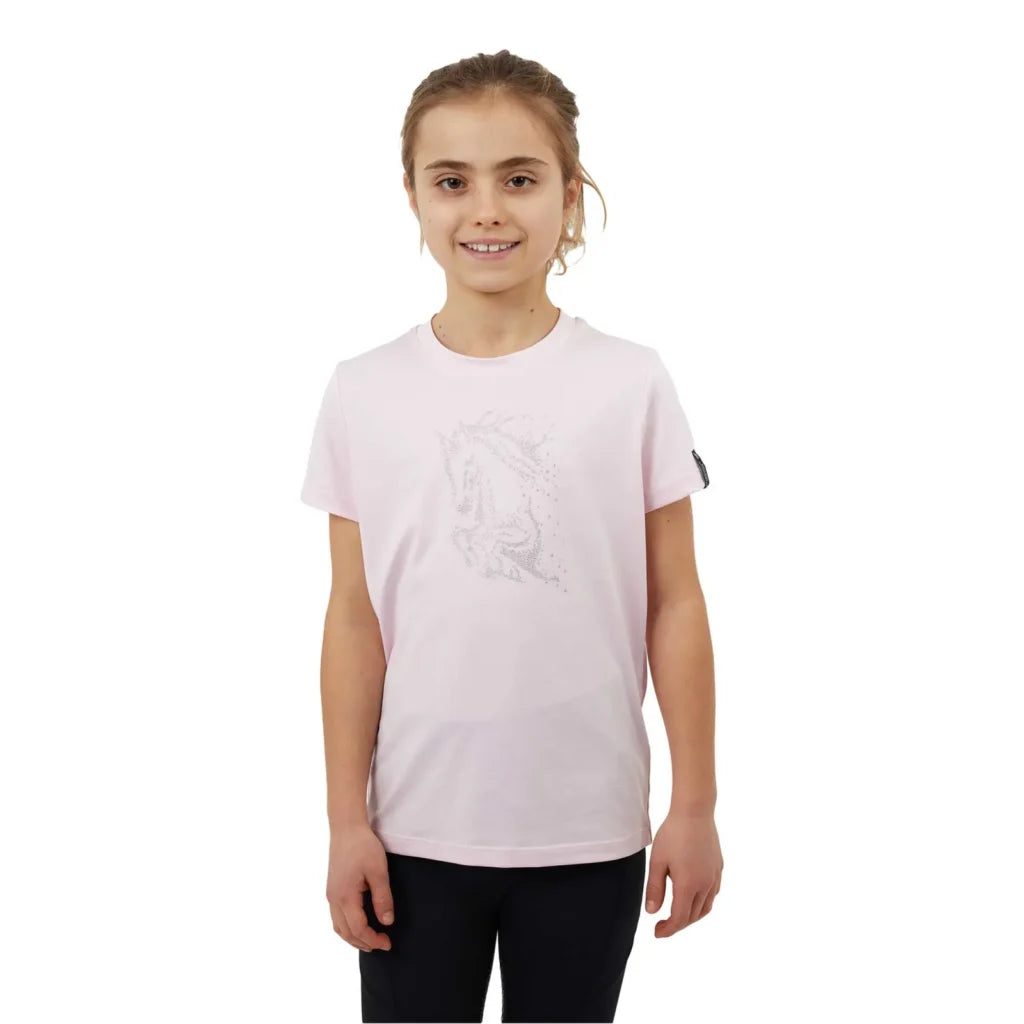 Front view of a young model wearing the pink Horze Wilda Kids Equestrian T-Shirt on a white background