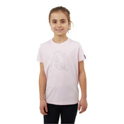 Front view of a young model wearing the pink Horze Wilda Kids Equestrian T-Shirt on a white background