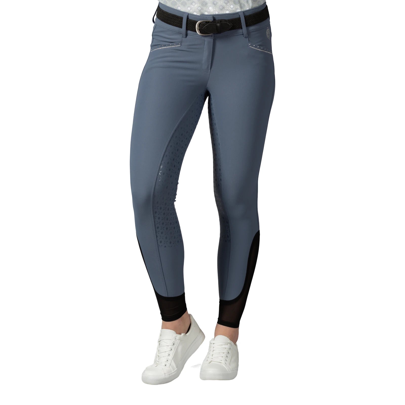 Front view of a model wearing the blue Equinavia Victoria Full Seat Breeches on a white background