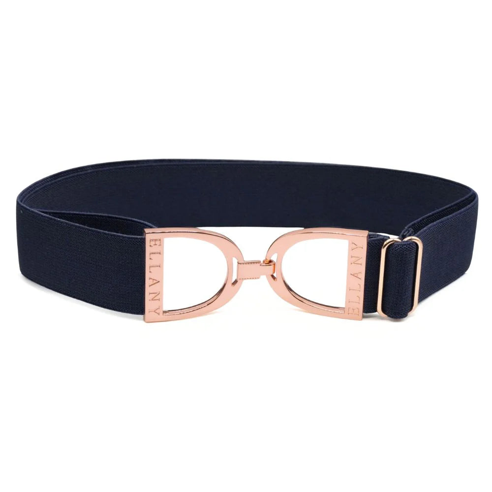Full view of the navy and rose gold Ellany Elastic Stirrup Belt on a white background