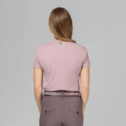 Back view of a model wearing Mellow Rose Equinavia Juni Short Sleeve Quarter Zip Shirt on a plain background