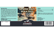 View of the label for the Epsom Salt Poultice 20 oz jar on a white background
