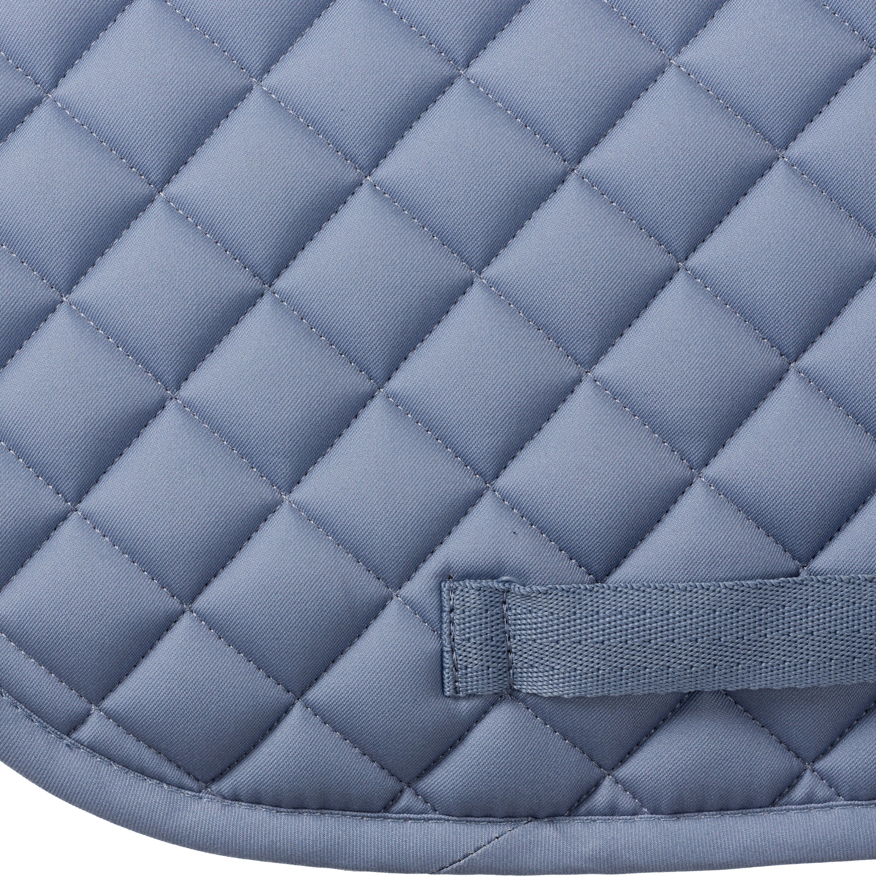 Side closeup view of Dusk Blue Equinavia Harstad Ribbon Dressage Pad on a white background