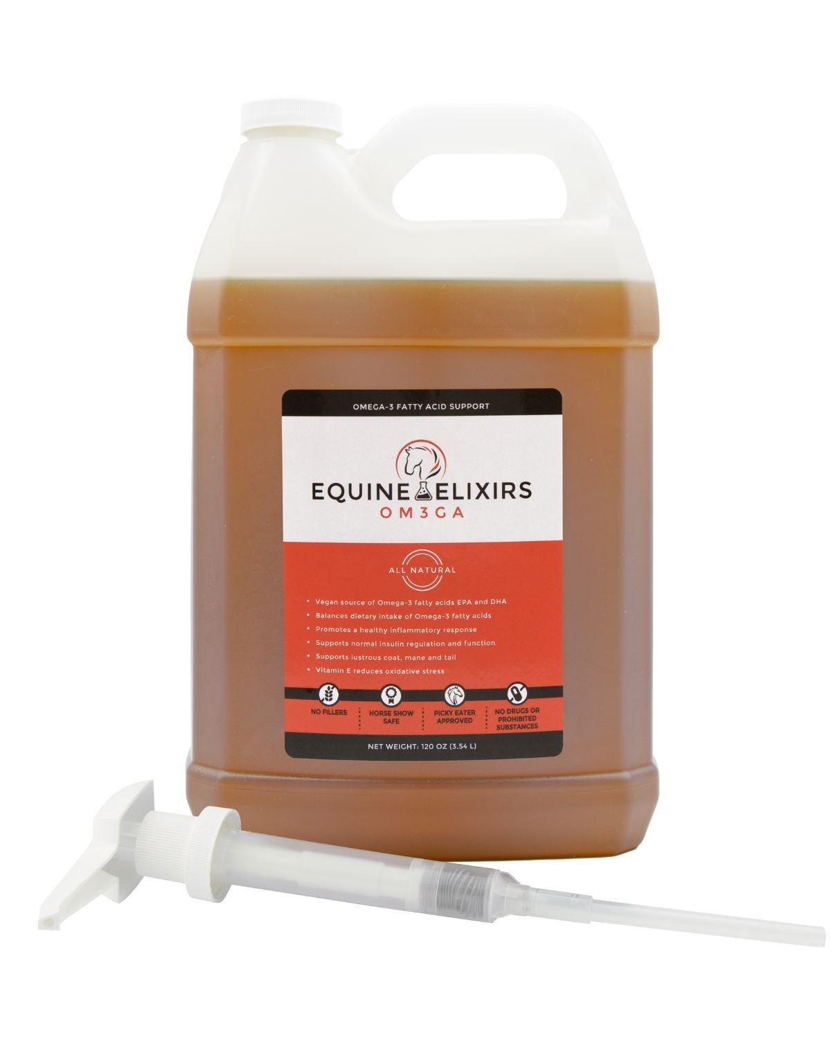 Front view of the 120 oz container of Equine Elixirs Om3ga on a white background