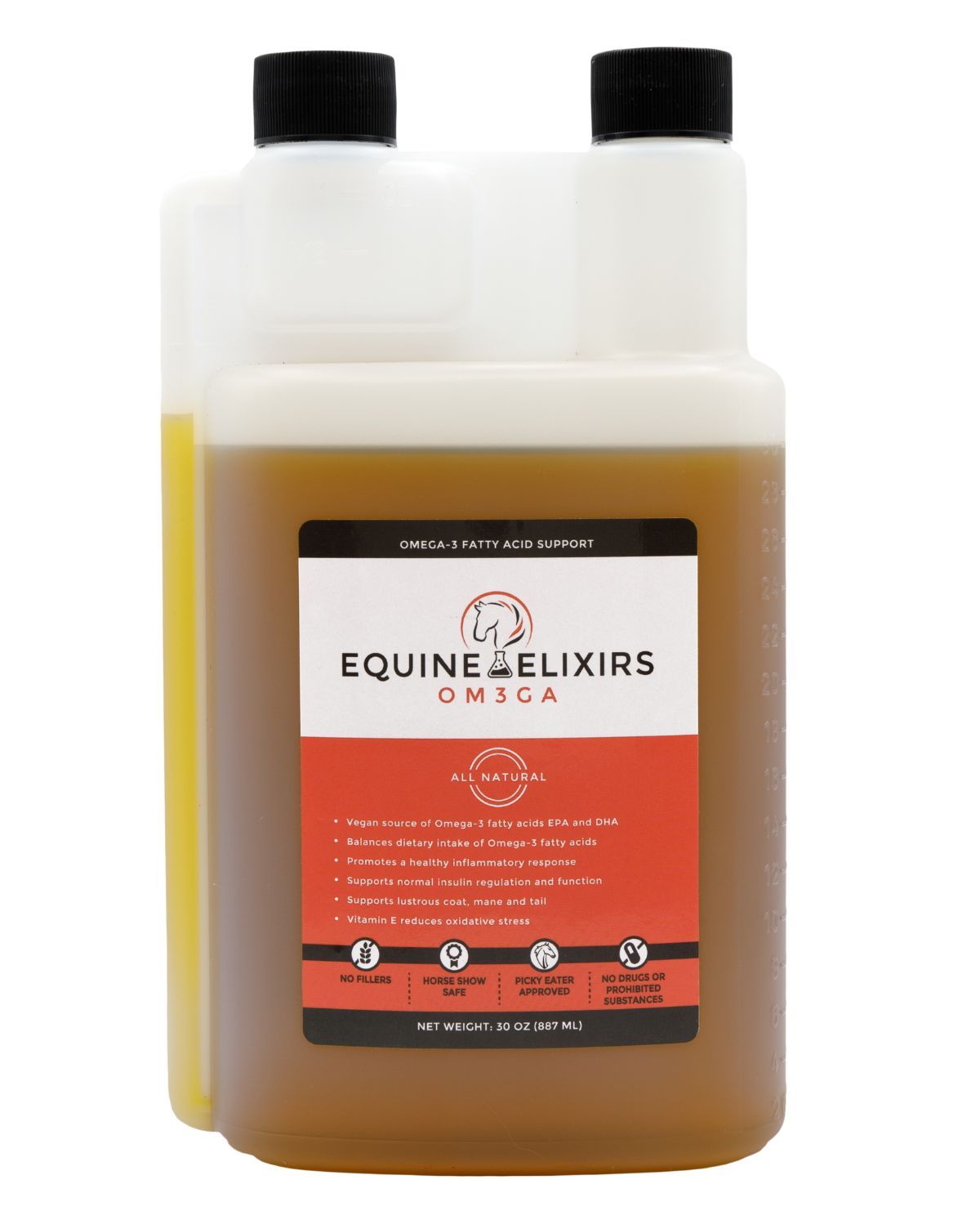 Front view of the 30 oz container of Equine Elixirs Om3ga on a white background