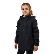 Front view of a young model wearing the navy Horze Fiora Kids Lightweight Waterproof Jacket on a white background