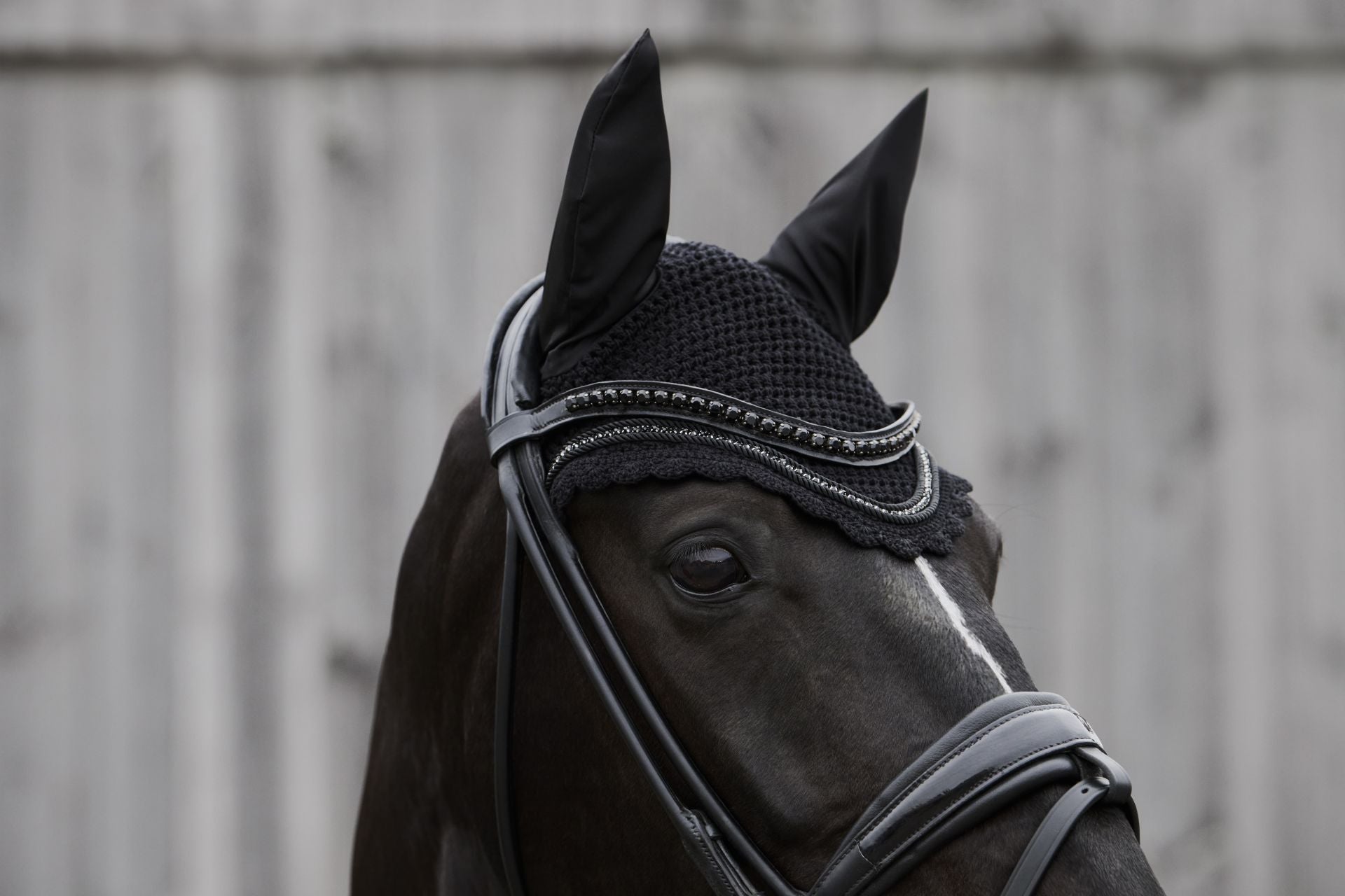 Close-up angled front view of the black Eskadron Crystal Fly Hood