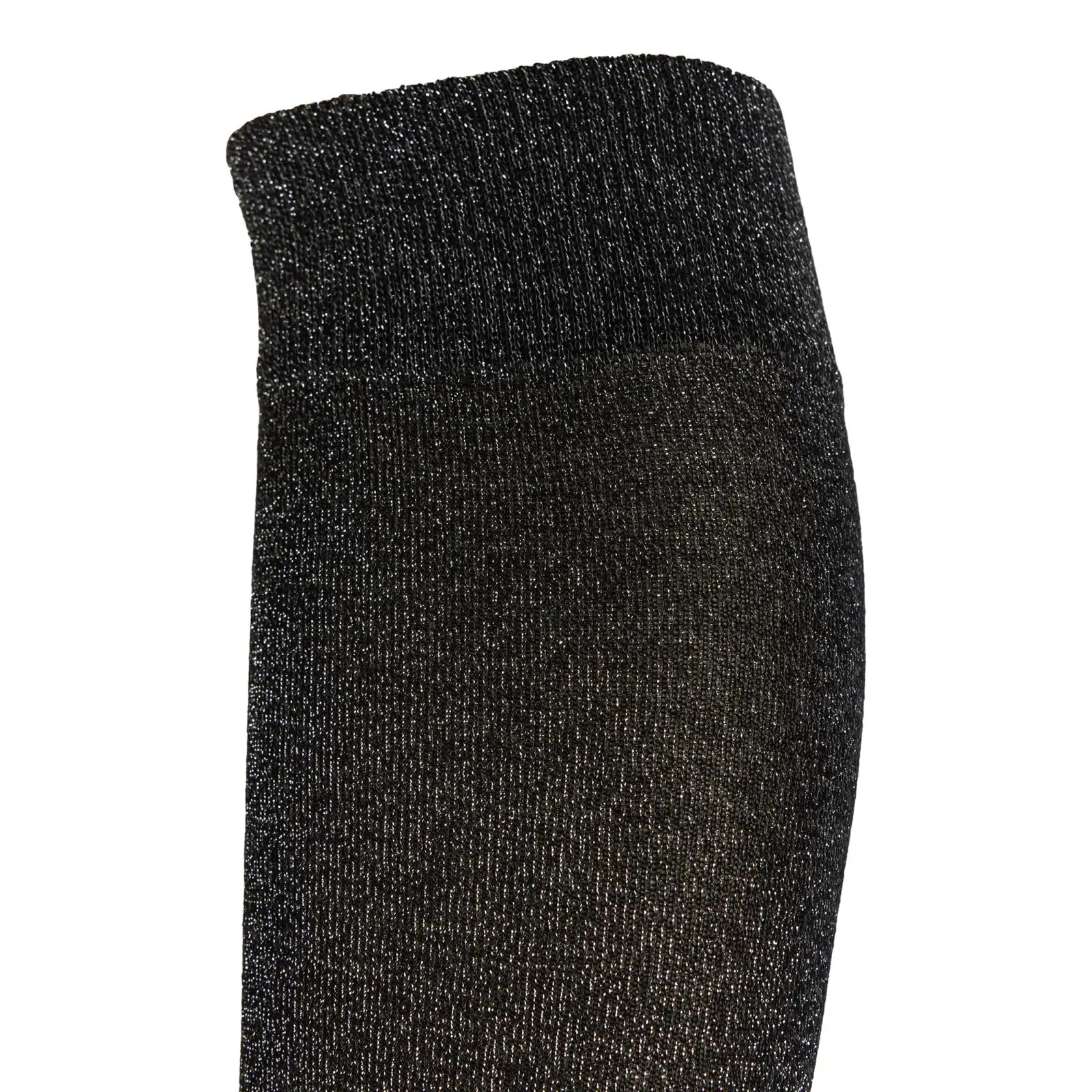 Close-up side view of the top of the black B Vertigo Shimmer Bamboo Riding Socks on a white background