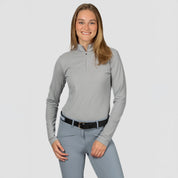 Front view of a model wearing Dapple Gray Equinavia Juni Long Sleeve Quarter Zip Shirt on a plain background