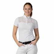 Front view of a female model wearing the Equinavia Lisa Lace Short Sleeve Show Shirt on a white background