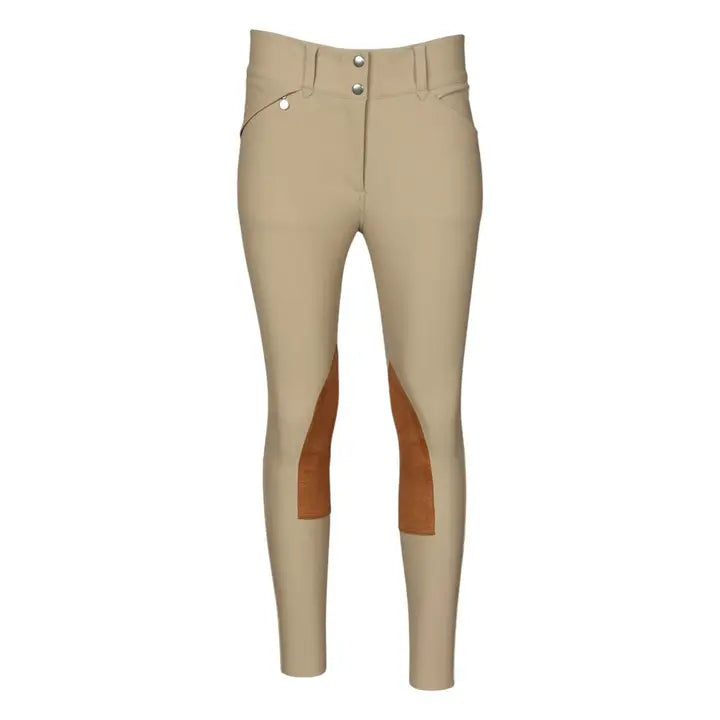 Front view of the tan Dapplebay Sport Hunter Knee Patch Show Breech on a white background
