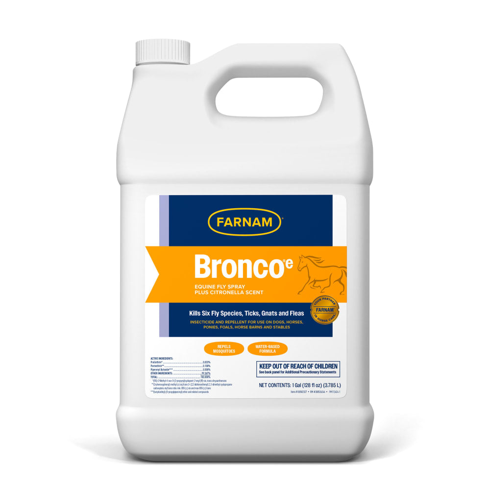 Front view of a gallon container of Farnam Bronco-e Fly Spray on a white background