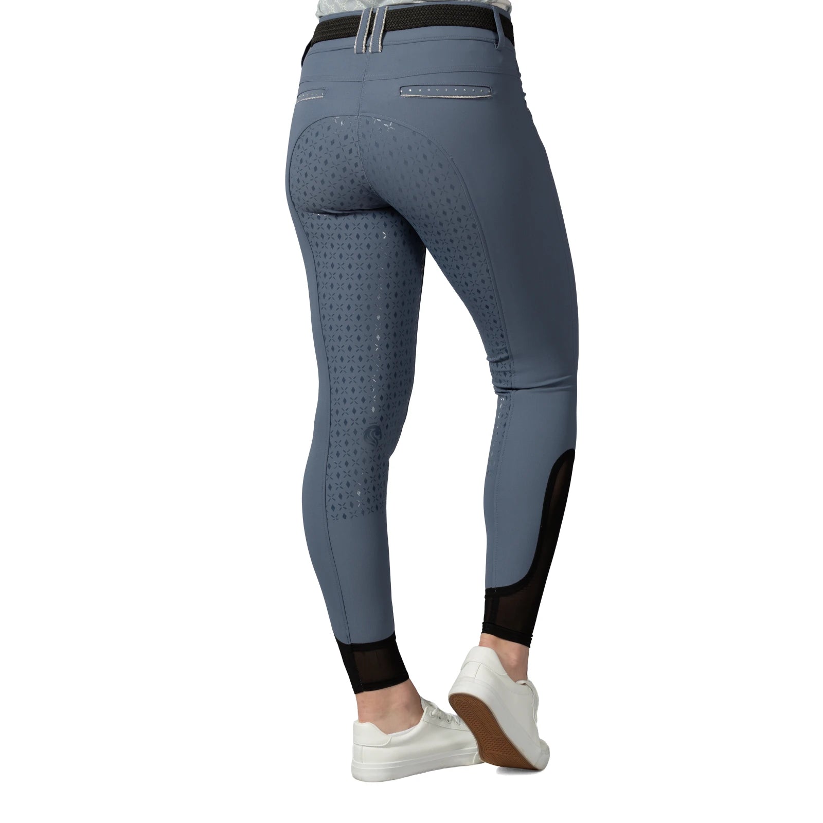 Back view of a model wearing the blue Equinavia Victoria Full Seat Breeches on a white background