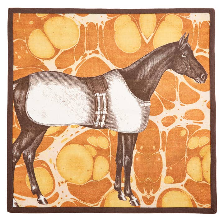 View of the yellow napkin from the set of 4 ThomasPaul Equus Marble Cotton Dinner Napkins
