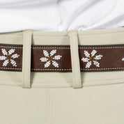 Back view closeup of a model wearing Dark Brown/Flowers Equinavia Adeline Beaded Belt