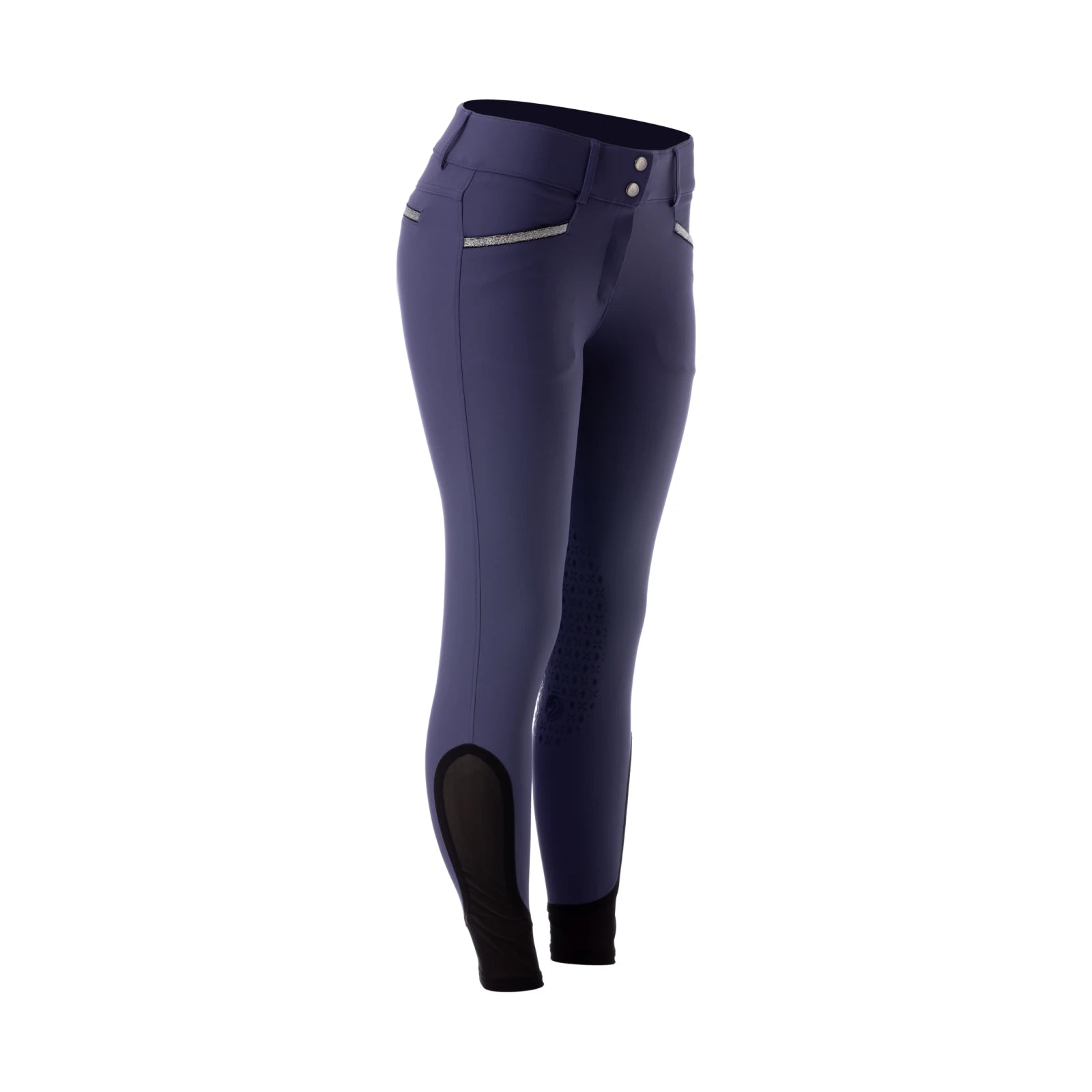 Angled front view of the blue Equinavia Kristina Knee Patch Breeches on a white background