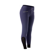 Angled front view of the blue Equinavia Kristina Knee Patch Breeches on a white background