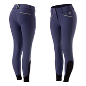 Back and front views of the blue Equinavia Kristina Knee Patch Breeches on a white background