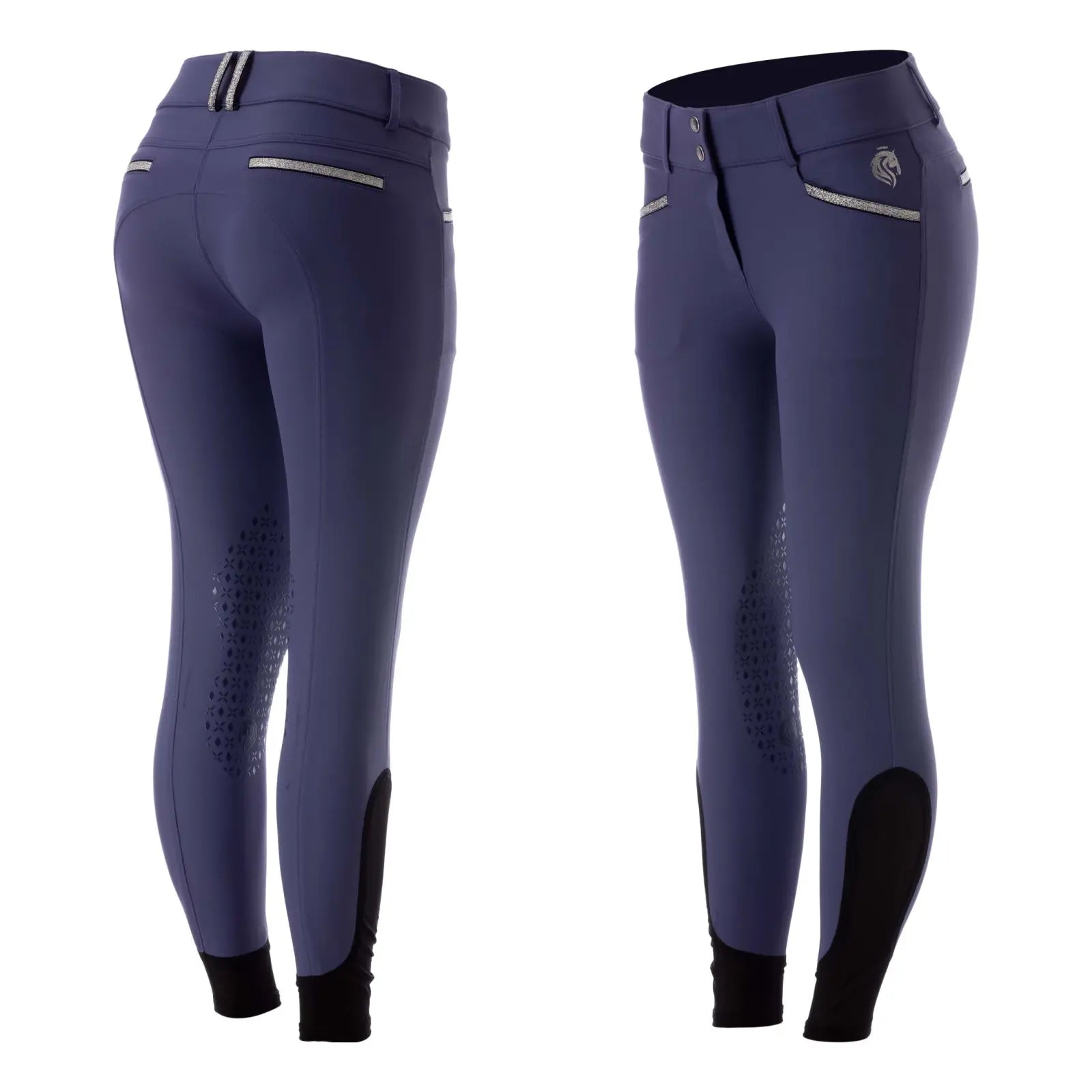 Back and front views of the blue Equinavia Kristina Knee Patch Breeches on a white background