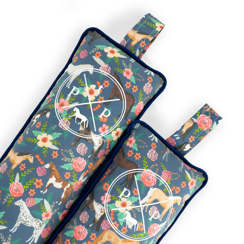 Front view of a pair of Navy Floral Horse Posh Pony Boot Stuffers on a white background