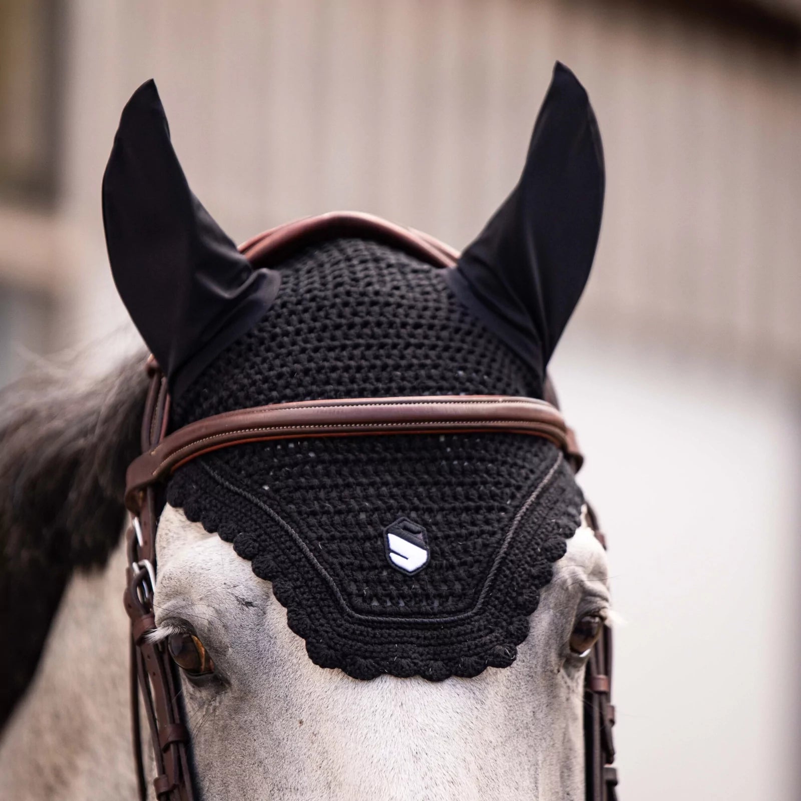 Front view of a gray horse wearing the black embroidered Samshield Fly Veil
