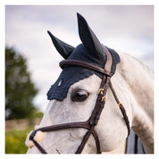 Close-up side view of a gray horse wearing the anthracite swarovski Samshield Fly Veil