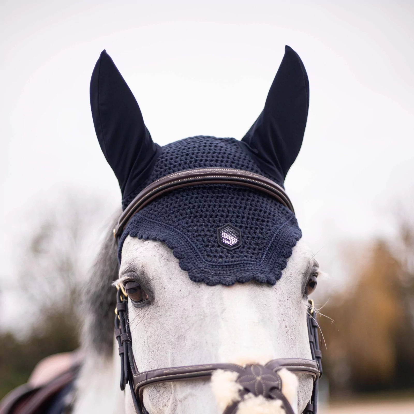Close-up front view of a gray horse wearing the navy swarovski Samshield Fly Veil