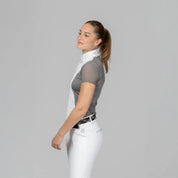 Side view of a model wearing Brushed Nickel Equinavia Martha Short Sleeve Show Shirt on a plain background