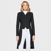 Front view of a female model wearing the black Samshield Frac Crystal Fabric Show Coat on a plain background