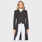 Front view of a female model wearing the Truffle Samshield Frac Crystal Fabric Show Coat on a plain background