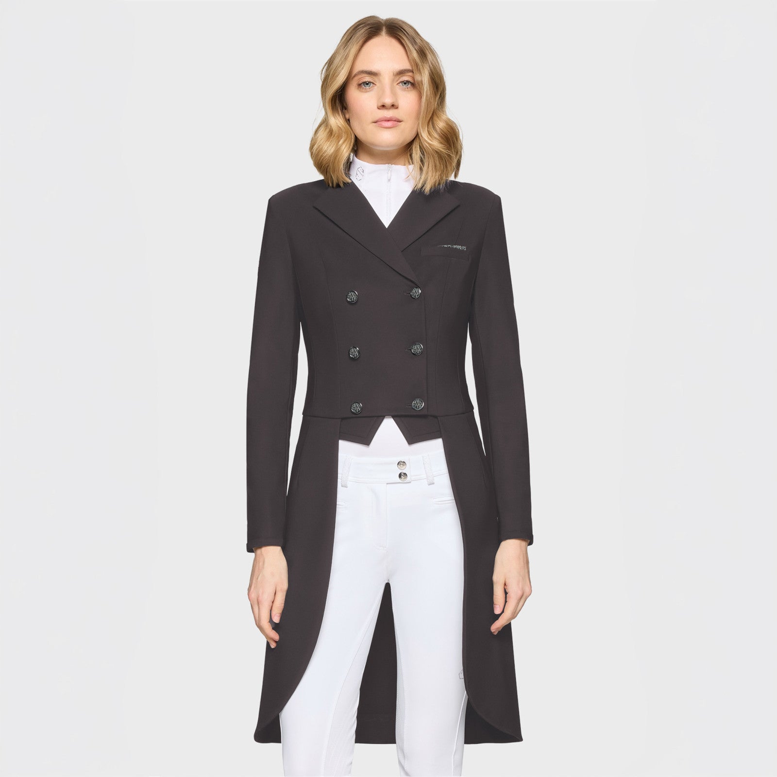 Front view of a female model wearing the Truffle Samshield Frac Crystal Fabric Show Coat on a plain background