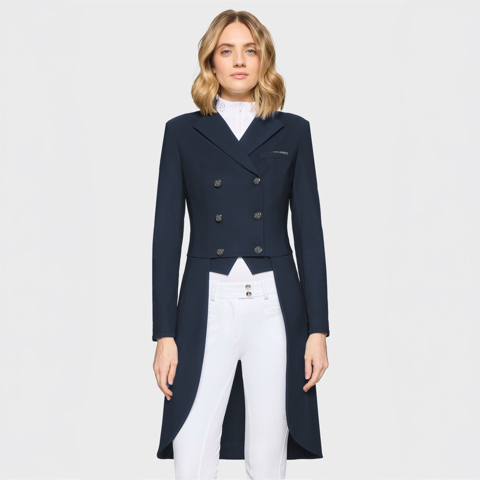 Front view of a female model wearing the Navy Samshield Frac Crystal Fabric Show Coat on a plain background