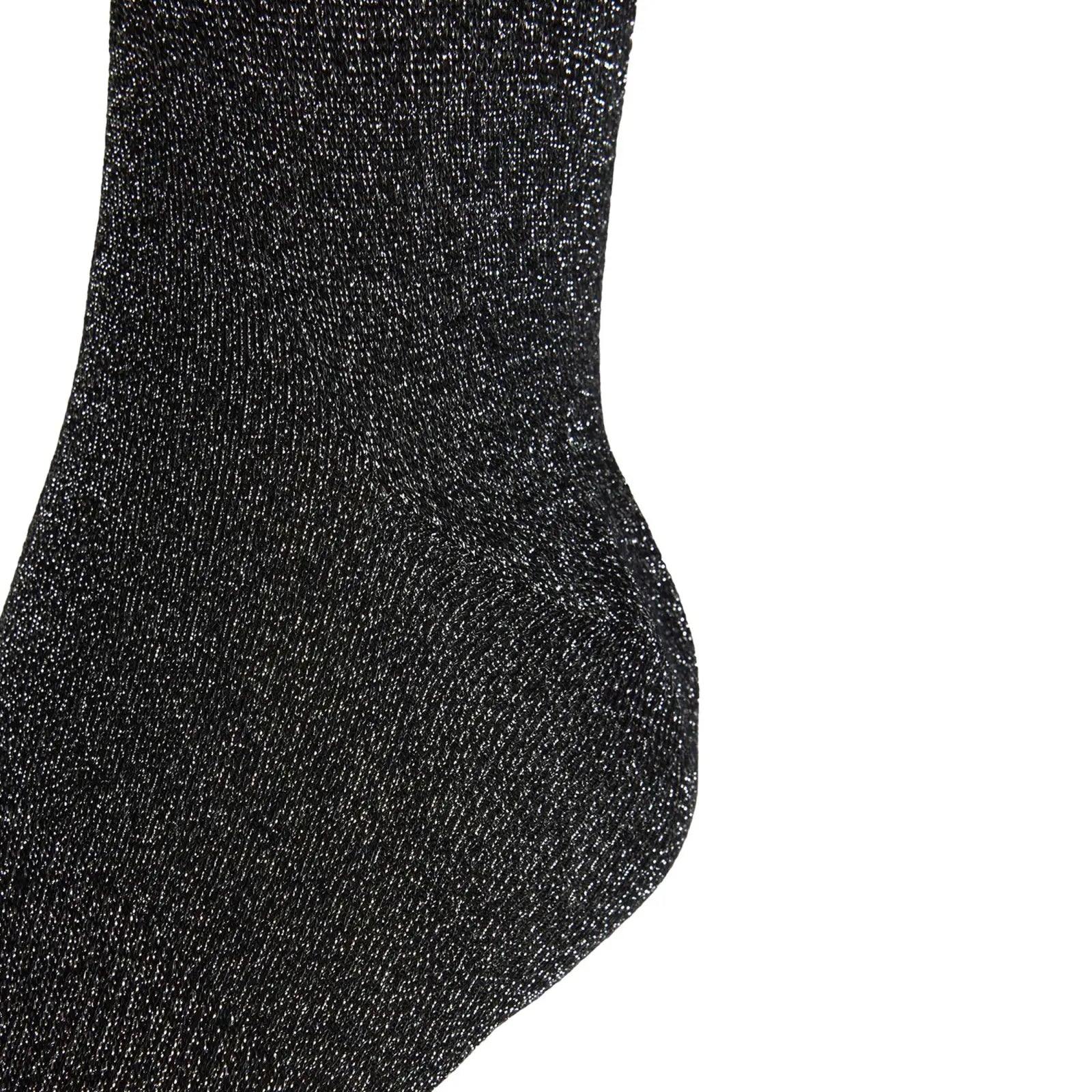 Close-up side view of the heel of the black B Vertigo Shimmer Bamboo Riding Socks on a white background