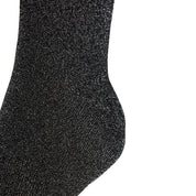 Close-up side view of the heel of the black B Vertigo Shimmer Bamboo Riding Socks on a white background