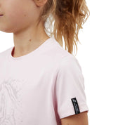 Close-up view of the sleeve on the pink Horze Wilda Kids Equestrian T-Shirt on a white background