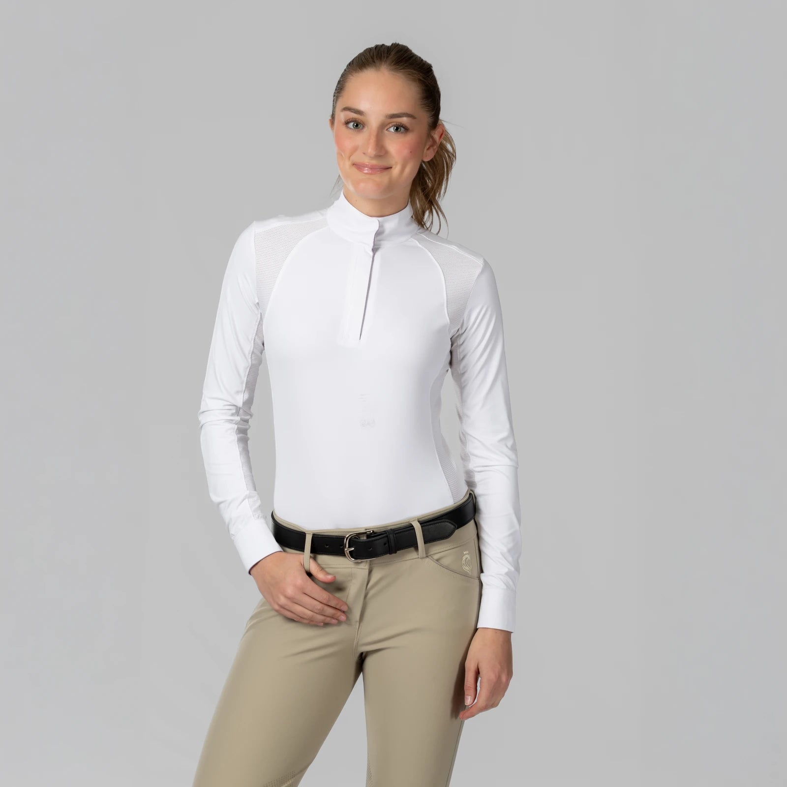 Front view of a model wearing the Equinavia Sonja Long Sleeve Show Shirt on a plain background